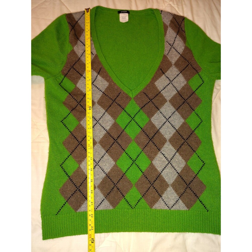 ​VTG J.Crew Holiday 2006 Argyle V-Neck Sweater Lime Green Merino Wool Blend M - Picture 6 of 12
